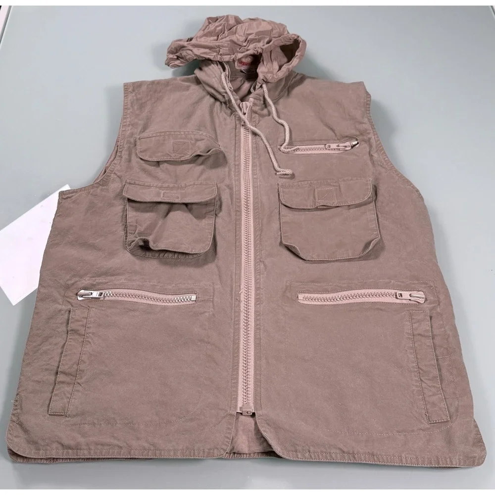 VTG 80s Banana Republic Hooded Bush Vest Mens M Safari Travel Mill Vally Khaki